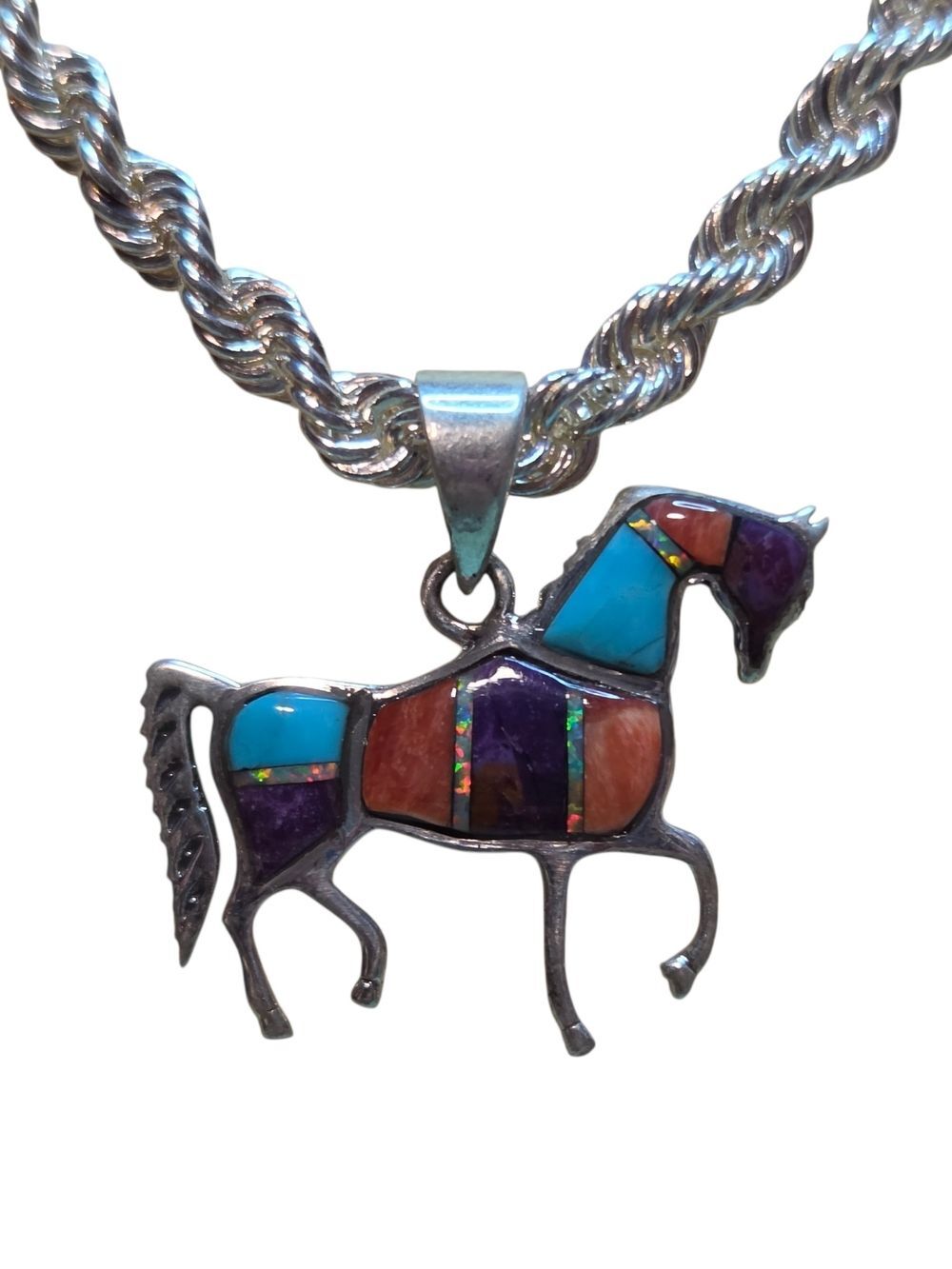 Sterling Silver Horse Mosaic Inlay Pendant Necklace Charm